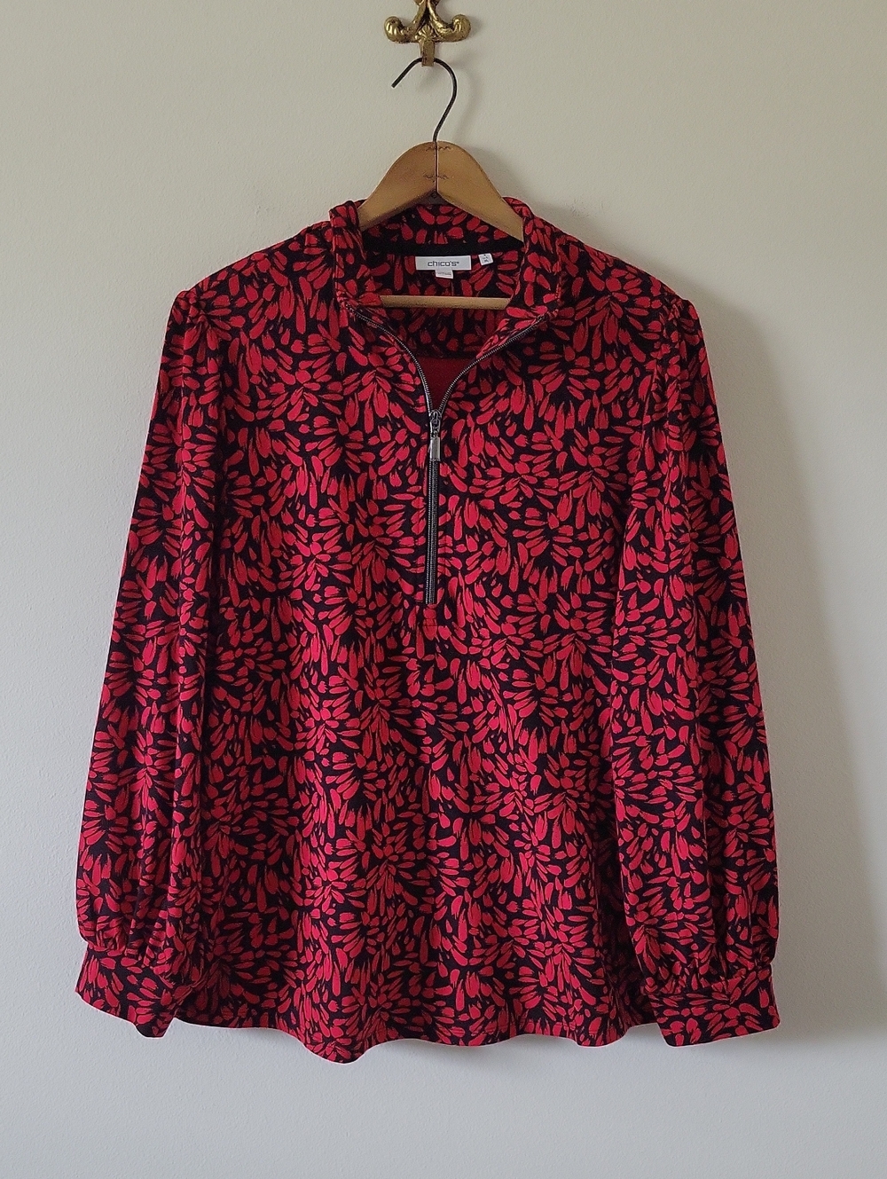 Chico's‎ Red Black 1/2 Zip French Terry Pullover Size XL